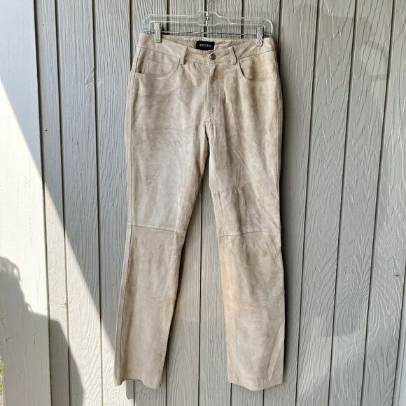 Vintage Guess Genuine Suede Leather Pants Size 6 Beige Straight Leg - Picture 1 of 12